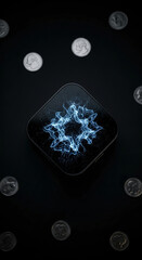 Poster - Dark square device displays blue energy wave pattern, surrounded by coins on black background, showcasing digital currency concept