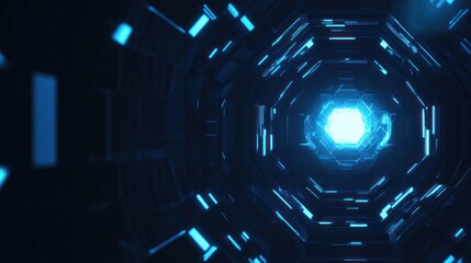 Poster - Futuristic Technology Tunnel with Glowing Blue Light at the End of Passage