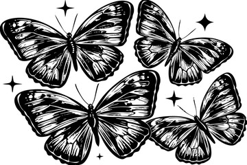 Poster - Elegant black and white butterflies art with star accents on a clean white background vector illustration