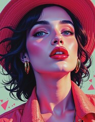 Poster - Maximalist design featuring a vibrant portrait of a woman with bold colors