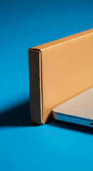 Poster - Brown cardboard box and silver laptop on blue background, showcasing a minimalist product presentation, ideal for online retail or technology advertisement