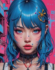 Poster - Futuristic portrait of a woman with blue hair and vibrant aesthetic elements