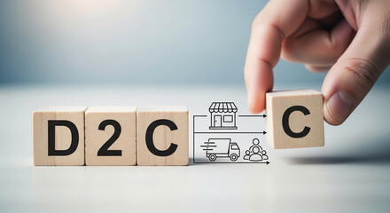 Poster - Wooden cubes spelling D2C, illustrating direct-to-consumer business model, showcasing online sales, delivery, and customer interaction