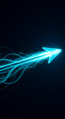 Poster - Glowing cyan arrow with light trails on dark background, symbolizing growth, progress, and upward movement, suitable for technology or business concepts
