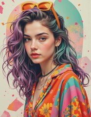 Poster - Psychedelic art portrait of a woman with vibrant hair and colorful attire