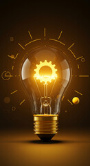 Poster - Illuminated glass bulb with gold base, showcasing gear inside, symbolizing innovation, mechanism, and bright ideas, perfect for technology or business concepts