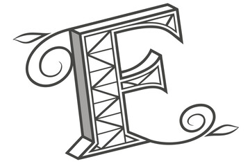 Poster - Decorative illustrated letter f design with ornamental swirls and geometric detailing on a white background