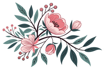 Poster - Elegant floral arrangement with pink flowers and green leaves on a white background suitable for design