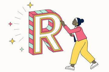 Poster - Woman interacting with a large capital letter r artistic illustration in a bright minimalist style