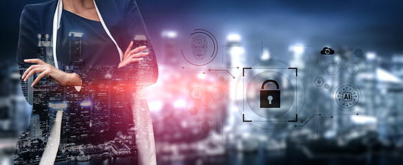 Poster - AI cyber security system using biometric authentication and privacy control. Cyber security protects identity, cybersecurity detects threats, cybersecurity ensures safety, and secures data. Vouch