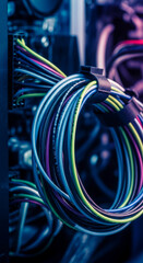 Poster - Close-up of multicolored wires bundled together, showcasing intricate technological detail, representing connectivity and complex systems, ideal for tech or industrial concepts