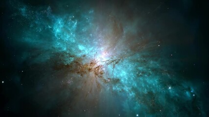 Poster - Turquoise and orange nebula is exploding and spreading interstellar dust and gas clouds in the universe, creating an awe inspiring cosmic scene