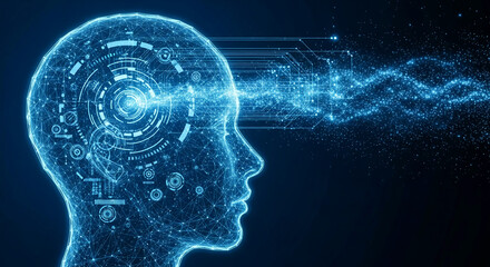 Poster - Abstract profile of head formed from glowing network, data stream emanating sideways, symbolizing artificial intelligence, digital mind, technological advancement