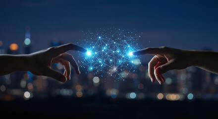 Poster - Two hands reach towards glowing network, symbolizing connection, technology, and digital interaction against a blurred city night background
