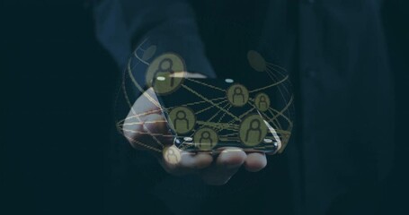 Poster - Man's hand tilting smartphone, starting rotating holographic tech network forming connection sphere