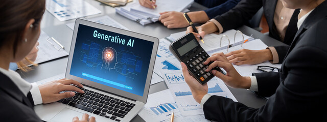 Poster - Business intelligence and data analysis concept. Analyst team working on financial data analysis dashboard on laptop screen as marketing indication for effective business strategic planning. Insight