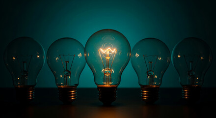 Poster - Five glass lightbulbs on dark teal background, one brightly lit, symbolizing leadership, innovation, and unique ideas