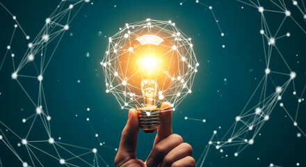 Poster - Hand holding illuminated bulb encased in glowing network, symbolizing connection, innovation, and bright ideas, ideal for technology or business concepts