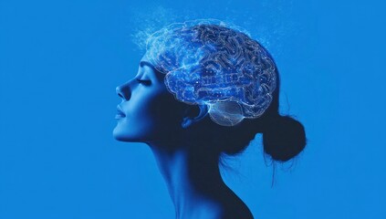Poster - Conceptual Brain Power, Woman's Mind with Digital Brain Overlay on Blue