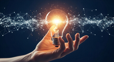 Poster - Hand holding glowing lightbulb, connected to network, symbolizes innovation, ideas, and connection, perfect for technology or business concepts