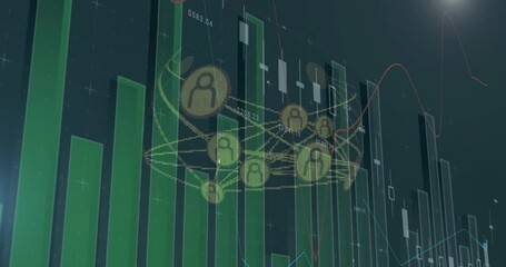 Poster - grid filling icon network rotating bars and candlesticks moving lines pulsing visualizing trends
