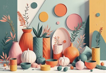 Poster - Maximalist composition featuring vibrant vases and playful shapes in a chaotic arrangement