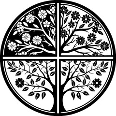 Poster - Decorative circular illustration with four parts depicting floral and leafy elements in a contrasting black and white style design.