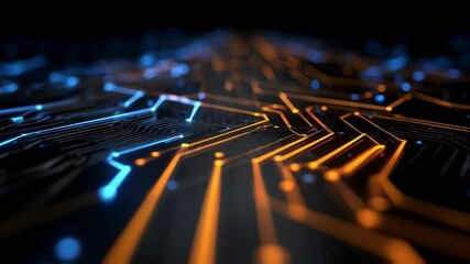Aufkleber - Futuristic circuit board with glowing blue and orange lights creating a technological and abstract design, ideal for backgrounds and technology related projects
