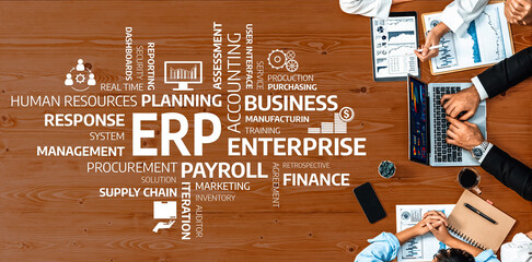 Poster - Aerial view of individuals discussing strategic planning and enterprise resource management, highlighting collaboration and analysis for business growth and operational efficiency. Amity