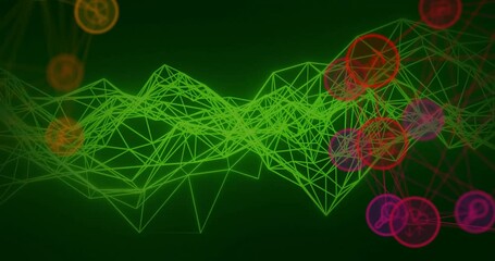 Poster - Neon green wireframe mesh undulating with red magenta nodes pulsing showing data network patterns