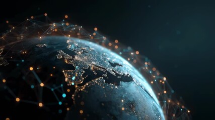 Poster - Stunning visualization of a digital network connecting continents across the earth, showcasing glowing nodes and lines representing global communication and data exchange