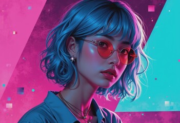 Poster - Retro-inspired graphic featuring a woman with blue hair and sunglasses