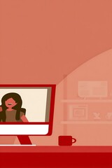 Fototapete - A woman is seen on a computer screen, in a simple, flat design.
