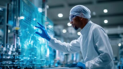 Poster - Scientist in a laboratory setting uses a high tech digital interface, wearing protective gear. The scene highlights advanced technology and innovation in a modern research environment