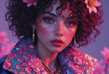 Poster - Psychedelic portrait featuring a woman with vibrant floral patterns and kaleidoscopic effects