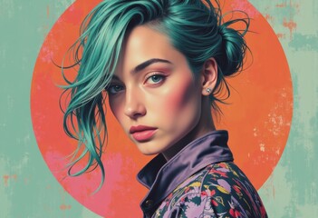 Poster - Bold artistic portrait of a woman with vibrant teal hair and floral jacket