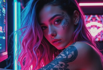 Aufkleber - Vibrant portrait of a woman with colorful hair and intricate tattoos