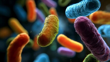 Poster - microscopic view of various colorful bacteria floating in a dark environment, possibly multiplying a
