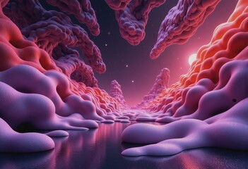 Poster - Organic shapes in vibrant experimental colors creating a surreal landscape