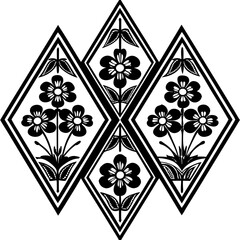 Poster - Elegant floral arrangement design featuring stylized flowers and geometric diamond-shaped elements in monochrome.
