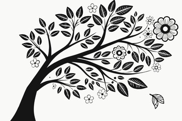 Poster - Elegant black and white tree illustration with floral elements on a transparent background ideal for designs