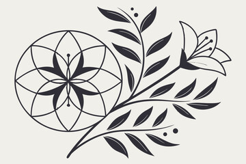 Poster - Elegant floral and geometric design featuring a lily and ornamental branch with a transparent background