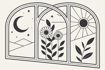 Poster - Minimalist celestial and botanical window art illustration featuring moon flowers sun and leaves with clean lines