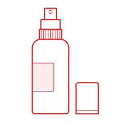 Poster - Illustration of a spray bottle with a label and a cap, outlined in red on a white background