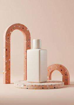 A minimalist, 3D rendered display of a white cosmetic bottle, set on a terrazzo-like platform within a soft peach backdrop, framed by arches.