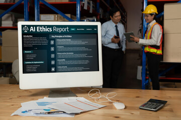 Poster - AI ethics responsibility standard law and rules on computer screen provide report of AI ethic transparency preventing technology crime. brisk