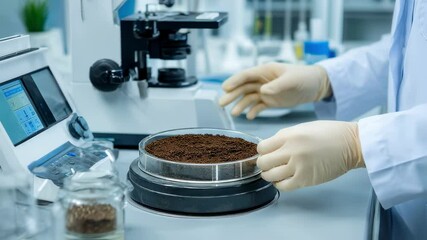 Poster - scientist wearing gloves examines soil samples in a laboratory setting. the scene includes a microsc