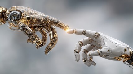 Poster - Two robotic hands are touching each other, symbolizing the connection between humans and technology. Concept of wonder and curiosity about the future of human-machine interaction