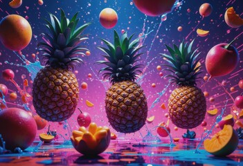 Poster - Vibrant digital illustration of fruit salad ingredients splashing in colorful chaos