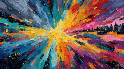 Poster - A painting of a cityscape with a bright yellow sun in the center. The sun is surrounded by a colorful explosion of paint, creating a sense of energy and movement